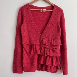 Anthropologie Moth- V Neck Asymmetrical Ruffle Long Sleeve Wool Cardigan- Medium